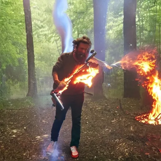 Image similar to a photo of jovanotti burn a forest with flamethrower