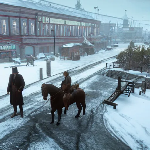 Image similar to arthur from rdr 2 in russia reality nowadays at tolyatti sportivnaia street, cars, snow, buildings photorealism