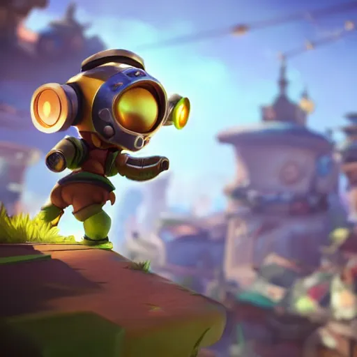 Image similar to teemo is the newest overwatch character, kings row in the background, octane render, blender render, unreal engine, standing pose, cinematic lighting, symmetrical