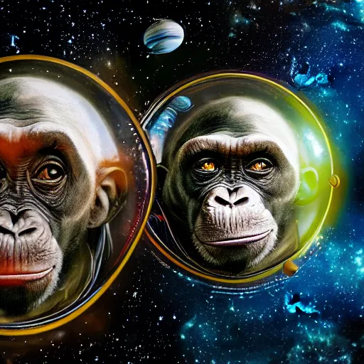 Image similar to double exposure portrait of astronaut and a chimpanzee astronaut with space and time in the the background by davinci, circles, psychedelic, pencil art, high definition, dynamic lighting stars, sharpness, golden ratio