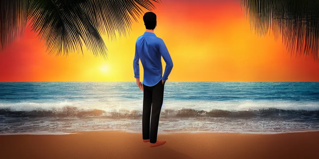 Image similar to a handsome guy is standing tall, in a beautiful shirt, with the beach, sea, sun, rays in the background? super detail, one character