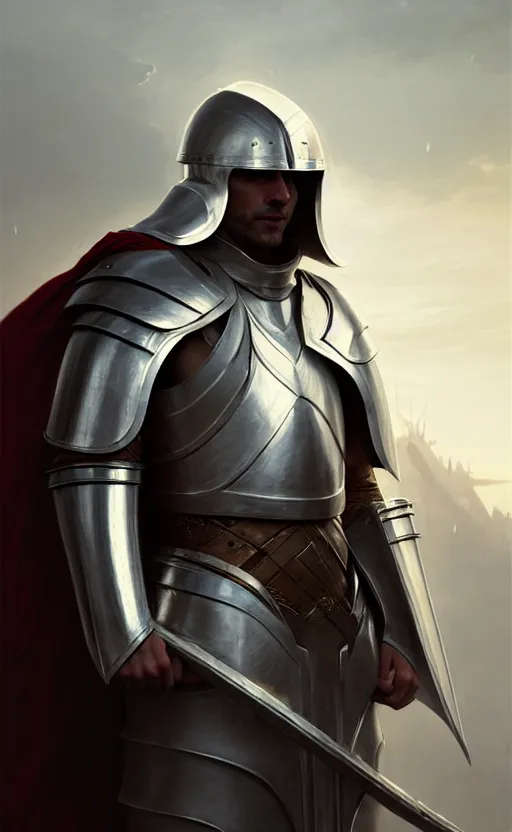 Prompt: white man looking forward in decorated plate armor, cylindrical crusader great helm covering all his head and white silk cape covering his elbows drawn by greg rutkowski realistic high detail