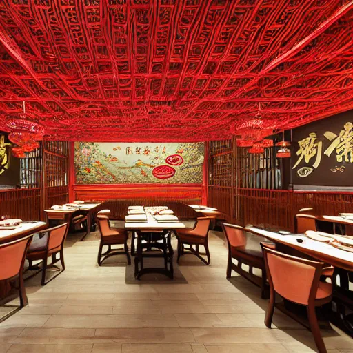 Image similar to a beautiful hyperdetailed 4 k hd wallpaper illustration interior of roasted string hotpot restaurant restaurant yan'an, wall painting, from china, with merchant logo, fine delicate structure, chinese style, victo ngai