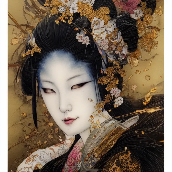 Image similar to asian geisha watercolor painting by yoshitaka amano, daniel merriam, ayami kojima, peter mohrbacher, intricate detail, artstation, artgerm, in the style of darkness - fantasy, rococo, gold leaf art