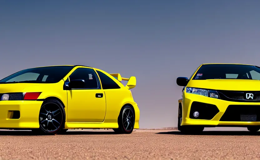 Image similar to photograph of a cell-shaded yellow Honda Civic EK9 Type-R, on a desert road with a futuristic city in the horizon, kicking up dirt, sigma 85mm f/1.4, 4k, depth of field, high resolution, 4k, 8k, hd, full color