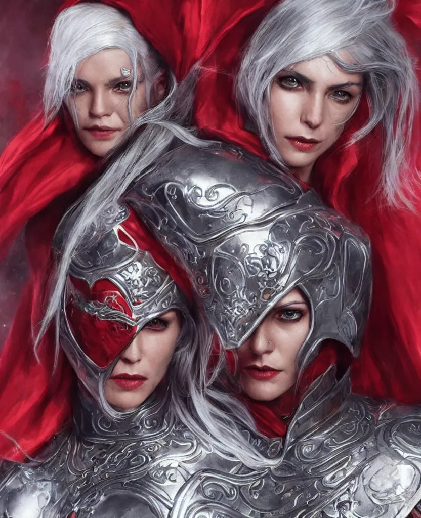 Image similar to a woman with silver hair, mystical symbols tattooed on her face, dressed in a flowing red cape and a futuristic armour, character design, highly detailed, by gabriele dell'otto and greg rutkowski