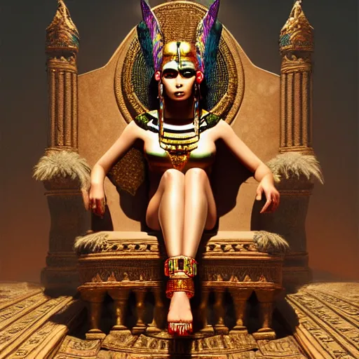 Image similar to Cleopatra sitting on her throne, beautiful eyes, full body, fantasy, beautiful face, vivid colors, elegant, concept art, sharp focus, digital art, Hyper-realistic, 4K, Unreal Engine, Highly Detailed, HD, Dramatic Lighting by Brom, trending on Artstation