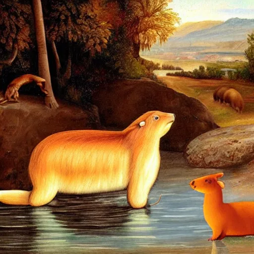 Image similar to real painting of jesus petting a capybara at the river, old painting ultra realistic image