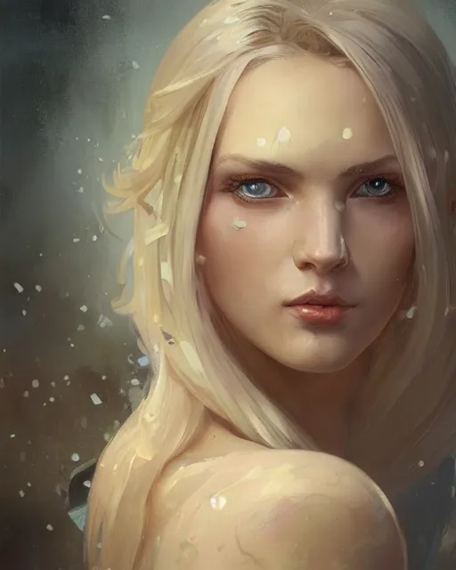 Image similar to '' Portrait of Beautiful blonde Slavic woman, league of legends, LOL, fantasy, d&d, digital painting, artstation, concept art, sharp focus, illustration, art by greg rutkowski and alphonse mucha ''