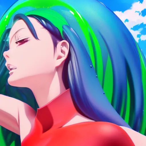 Prompt: side view of a beautiful anime woman stuck inside of a giant jello placed on a plate, realistic anime CGI art style.