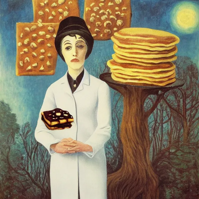 Image similar to tall emo female artist holding pancakes, in chippendale sydney, gold bars, maple syrup, snails, berries, pigs, octopus, witch's broomstick, acrylic on canvas, surrealist, by magritte and monet