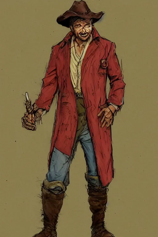Prompt: character design, reference sheet, 40's adventurer, unshaven, optimistic, stained dirty clothing, straw hat, heavy boots, red jacket, detailed, concept art, realistic, hyperdetailed, , art by Frank Frazetta