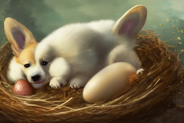 Image similar to a baby corgi crawling out of an egg laying in a nest, fantasy art, oil painting, concept art, 4 k, extremely detailed, realistic,