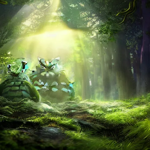 Image similar to A forest with a ray of light shining down onto the forest floor, soot sprouts floating, totoro hiding behind tree, magical, enchanting, beautiful, fantasy, digital art, high detail, excellent quality, 4K, OLED