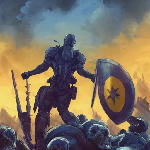 Prompt: a full body shot from distance from behind of a super soldier with a yellow and blue flag standing on a huge pile of skulls in triumph after battle, western, D&D, fantasy, intricate, elegant, highly detailed, digital painting, artstation, concept art, matte, sharp focus, symmetrical, illustration, art by Artgerm and Greg Rutkowski and Alphonse Mucha