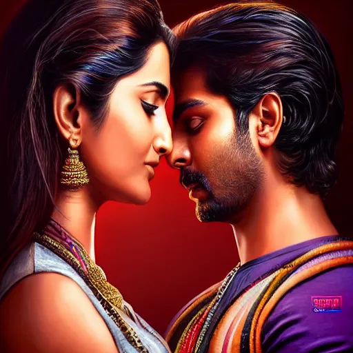 Prompt: perfectly centered bollywood movie promotional poster of anatomically correct hero and heroine side profile faces symmetrical ; real life portrait, ultra realistic, high coherence, intricate, hdr, highly detailed, photorealistic, octane render, 8 k, unreal engine ; romantic theme, two lovers sharing one heart ; art by artgerm, greg rutkowski, charlie bowater