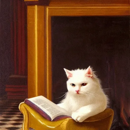 Prompt: baroque painting of a white fluffy cat reading in a chair by the fire. Renaissance oil on canvas 4k