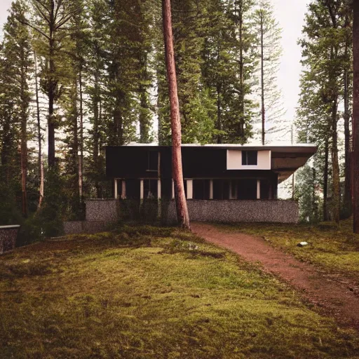 Prompt: wes anderson style modern house near the lake and forest, cinematic, realism, photo