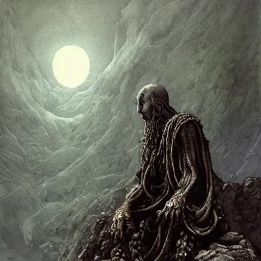 Prompt: A detailed gray-eyed tentacleheaded Putin stands among the mountains with a pebble in hands. Wearing a ripped mantle, robe. Extremely high details, realistic, fantasy art, solo, masterpiece, art by Zdzisław Beksiński, Arthur Rackham, Dariusz Zawadzki