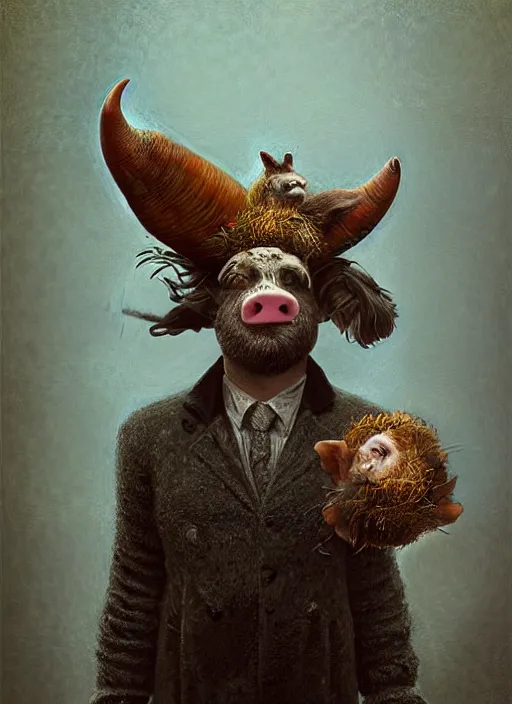 Prompt: a hyper detailed painting of a anthropomorphic joaquin phoenix as the king of animals, cow horns, pig nose, sheep wool, chicken feathers, horror, by anna podedworna, by miklos ligeti, by diego maricato, by taran fiddler, by antonino truisi, by chris reddie, on artstation