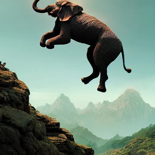 Prompt: ( dog ) jumps from mountain, dog looks like elephant, intricate, epic lighting, cinematic composition, hyper realistic, 8 k resolution, unreal engine 5, by artgerm, tooth wu, dan mumford, beeple, wlop, rossdraws, james jean, marc simonetti, artstation