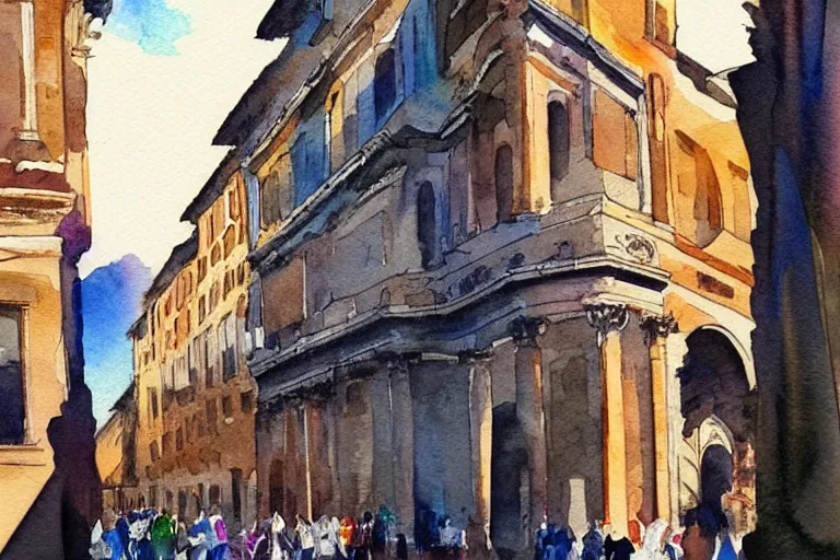 Image similar to !! watercolor!! rome in a sunny day, artwork by tooth wu, colorful high contrast,!! very coherent!!, dark shadow, thick lineart