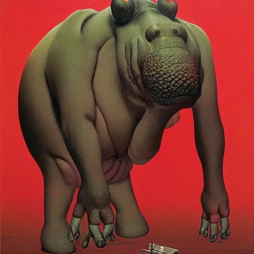 Image similar to portrait of mutant with horn in form of hand, anime, transplanted hand to head, surgery, bump in form of hand, growth on head, hippo, unicorn by zdzisław beksinski