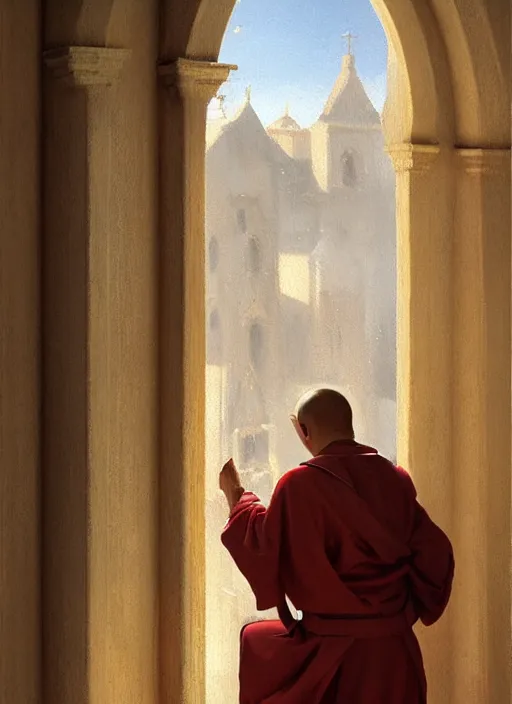 Prompt: oil painting of a medieval dominican monk in robes, looking out of a monastery window contemplatively, digital art, artstation, cinematic, golden hour, digital art painting by greg rutkowski