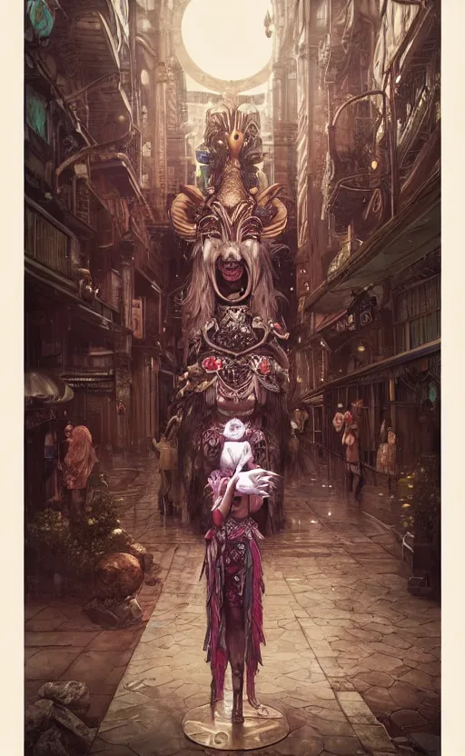 Image similar to hyper realistic Princess Mononoke, ornate mask magic, wet market street, cyberpunk metropolis, city landscape, jewels, full body pose, full moon, wolf by her side, style of tom bagshaw, mucha, james gurney, norman rockwell, denoised, sharp