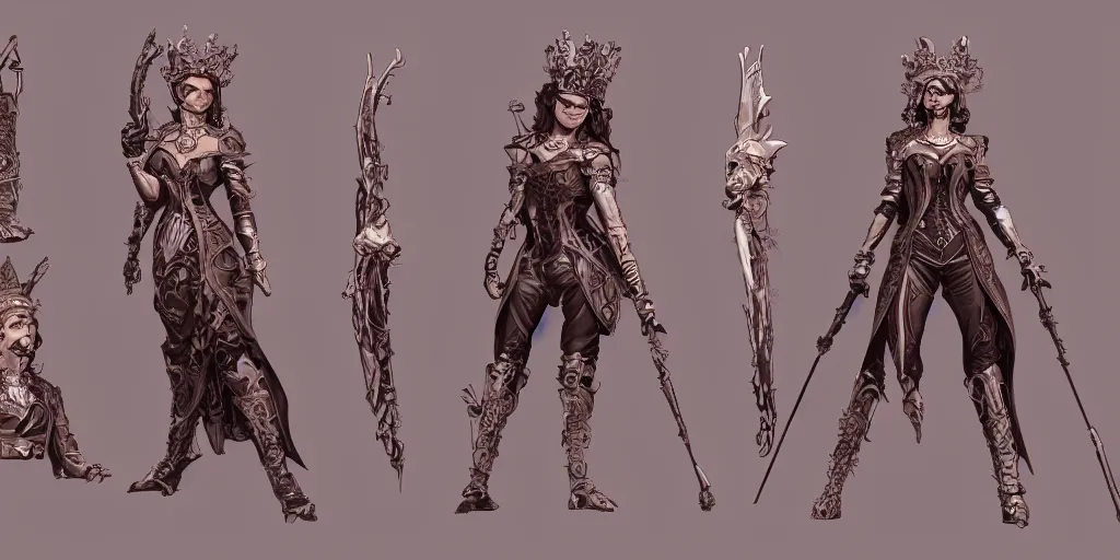 Prompt: queen of spades, character sheet, fine details, concept design, contrast, brigitte bardot, kim jung gi, greg rutkowski, trending on artstation, 8 k, full body, turnaround, front view, back view, ultra wide angle