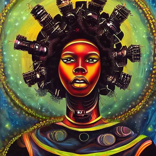 Prompt: afrofuturistic techno - mage, dark fantasy, occult, year 2 1 0 0, high - quality surrealist painting