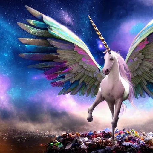 Image similar to a iridescent unicorn with wings dancing in a garbage dump, the sky has the milky way, ultra realistic, concept art, intricate details, highly detailed, photorealistic, octane render, 8 k, style of jean baptiste monge