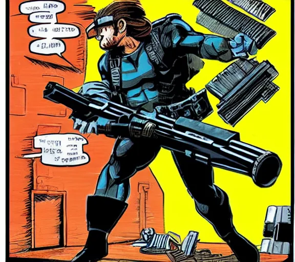 Prompt: solid snake breaking into a warehouse while riding a motorcycle and firing a gun, in the style of jack kirby