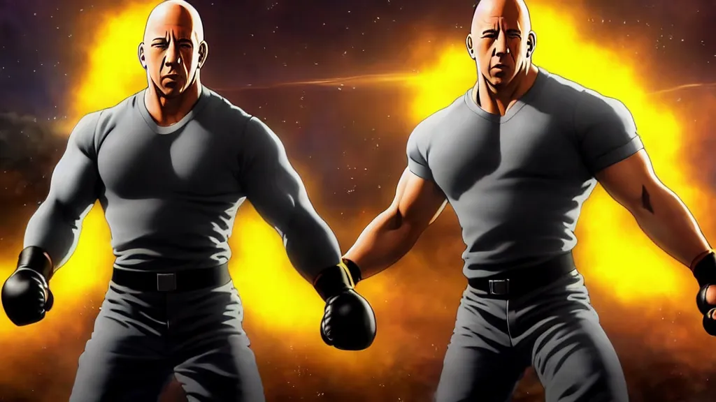 Image similar to extreme wide shot of vin diesel as saitama!!! punching!!! a car!!!!!! into space, ultra realistic, lens flare, atmosphere, glow, detailed, intricate, full of colour, cinematic lighting, trending on artstation, 4 k, hyperrealistic, focused, extreme details, unreal engine 5, cinematic, masterpiece