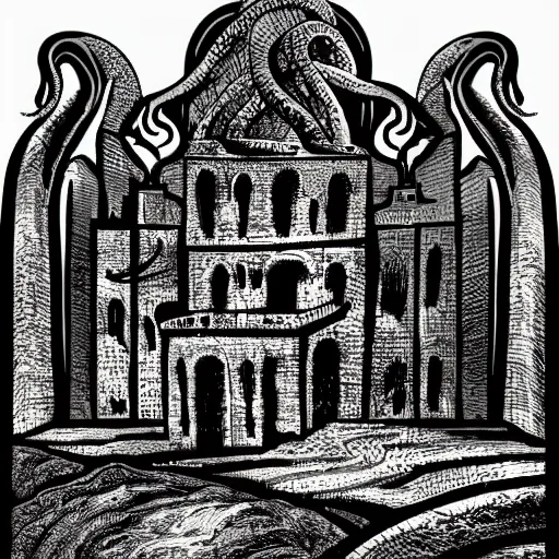 Image similar to A black stone monolith with black tentacles floating above a medieval city. Detailed. High contrast colour scheme