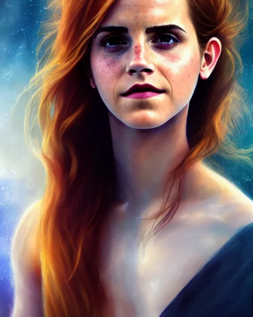 Prompt: emma watson, perfect face, white halter top, ginger hair, abs, cinematic, stunning, elegant, highly detailed, psychedelic, digital painting, artstation, smooth, hard focus, illustration, art by jessica rossier and and brian froud