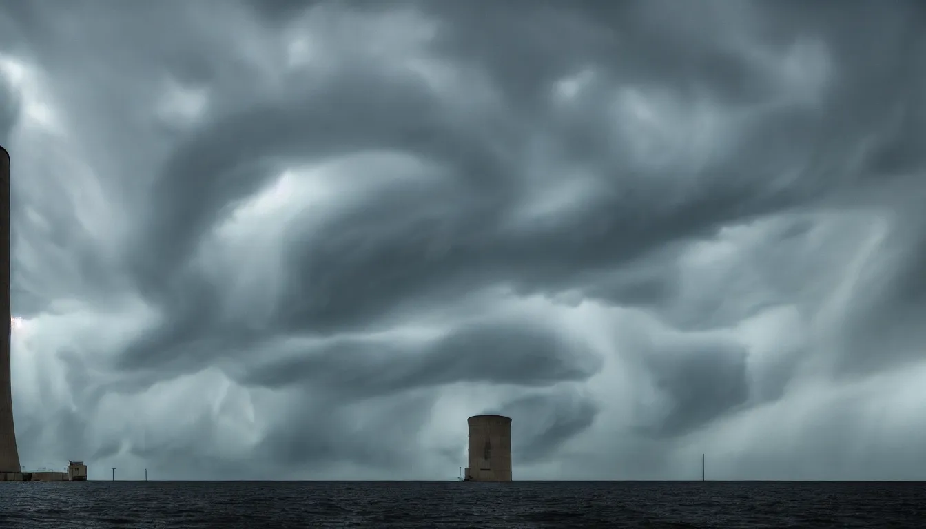 Image similar to lonely nuclear silo on the island, lake, windy waves, raining, storm, distant thunder, atmospheric, scary, claustrophobic, ambient vibe, very detailed, high resolution, 8 k