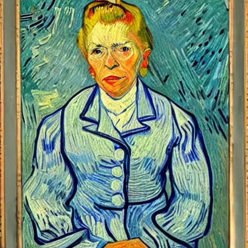 Prompt: an old white blond woman standing with a cane, around her are paintings, in the style of van gogh