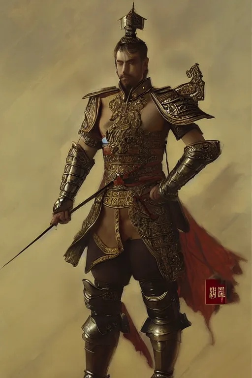 Image similar to attractive male with armor, ming dynasty, character design, painting by gaston bussiere, craig mullins, j. c. leyendecker, tom of finland