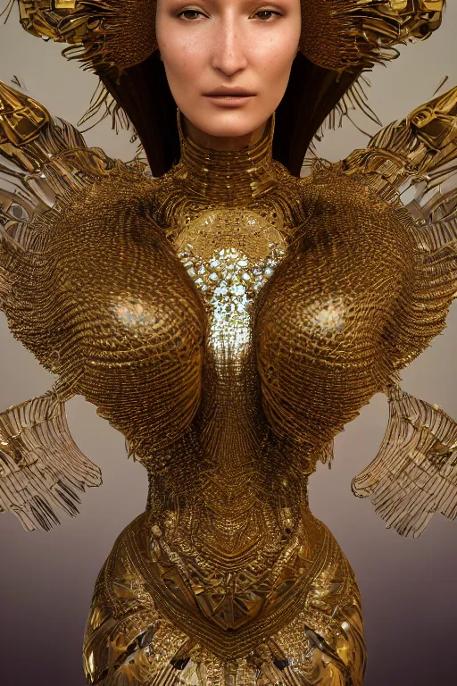 Prompt: a highly detailed metahuman 4 k render close up of a alien goddess bella hadid in iris van herpen dress schiaparelli in diamonds swarovski and jewelry in style of alphonse mucha gustav klimt trending on artstation made in unreal engine 4