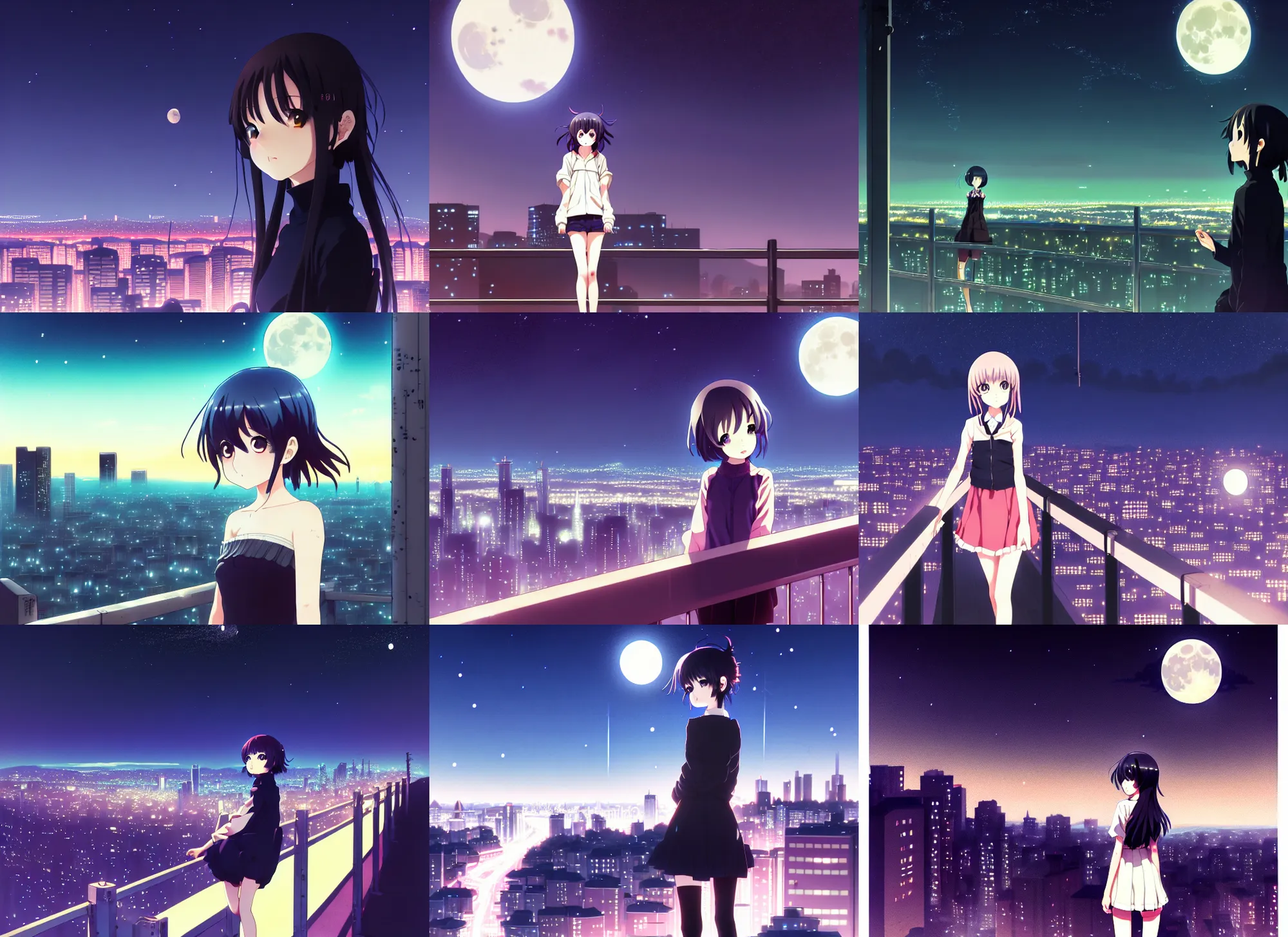 Prompt: anime visual, dark portrait of a young female sightseeing above the city at night, guardrails, moon, cute face by yoshinari yoh, ilya kuvshinov, makoto shinkai, katsura masakazu, moody, dynamic perspective pose, detailed facial features, kyoani, rounded eyes, crisp and sharp, cel shade, lomography, dark tint