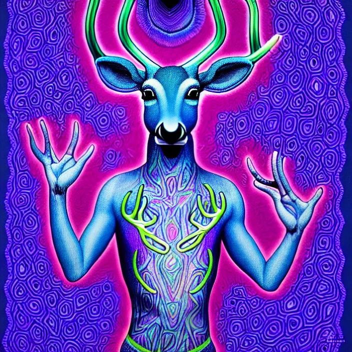 Prompt: an anthropomorphic male blue deer wearing a violet tracksuit blowing a bubble, by alex grey and jackson pollock, intricate details, artstation, psychedelic, hd, beautiful