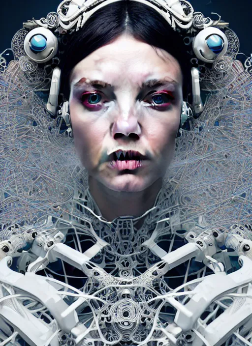 Image similar to portrait of an absurdly beautiful, graceful, sophisticated, fashionable cyberpunk mechanoid, hyperdetailed illustration by irakli nadar and alexandre ferra, intricate linework, white porcelain skin, faberge, fractal headdress, unreal engine 5 highly rendered, global illumination, radiant light, detailed and intricate environment