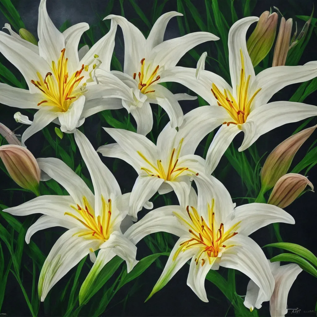 Prompt: high detail 3 d painting of a lily, 8 k, photorealistic, ultra realistic, hyperrealistic