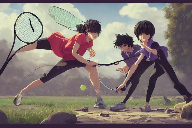 Image similar to frogs playing badminton, expert high detail concept art character design, perfect proportions defined faces, vivid colors, photorealistic shaded lighting poster ilya kuvshinov, katsuhiro, makoto shinkai, wlop, loish and clamp style, trending on art station, best selling artist