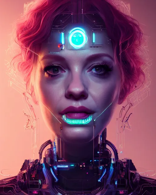 Prompt: portrait of christina hendricks as a cyberpunk cyborg. roses, sci - fi, intricate abstract upper body intricate artwork, by tooth wu, wlop, beeple, dan mumford. concept art, octane render, deviantart, greg rutkowski, cinematic arthouse, key art, hyper realism, iridescent accents