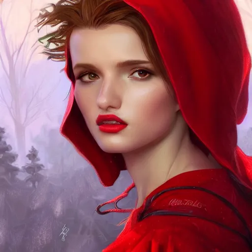 Prompt: ultra realistic illustration, bella thorne as little red riding hood, intricate, elegant, highly detailed, digital painting, artstation, concept art, smooth, sharp focus, illustration, art by artgerm and greg rutkowski and alphonse mucha