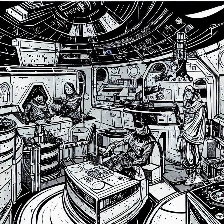 Prompt: ancient alchemist wizards laboratory inside of a spaceship, high details, lineart, by vincent di fate, inking, 3 color screen print, masterpiece, trending on artstation, sharp, high contrast, hyper - detailed, hd, 4 k, 8 k