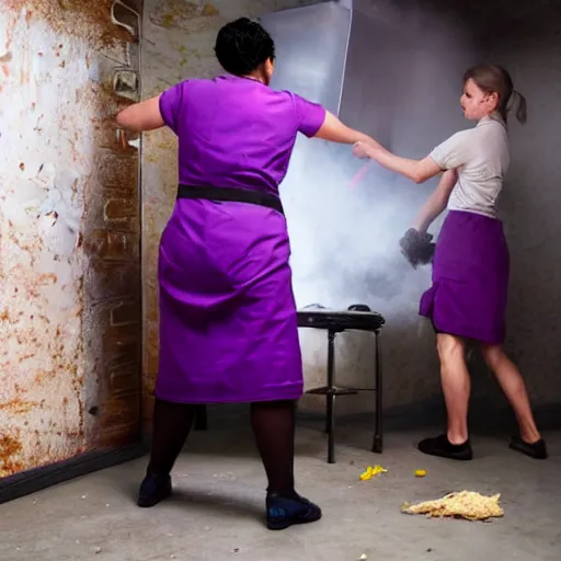 Image similar to a woman in a purple dress cleaning a kitchen, a stock photo by frieke janssens, shutterstock contest winner, feminist art, contest winner, stock photo, creative commons attribution