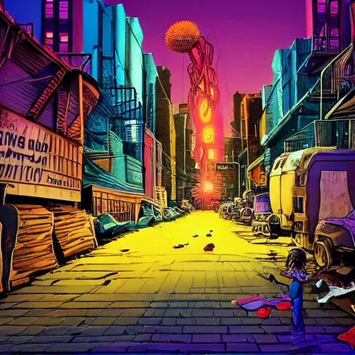 Image similar to A dirty street in the Bronx, by night, with giant neonpunk urchin everywhere, colorful composition, ultra detailed, dang yo